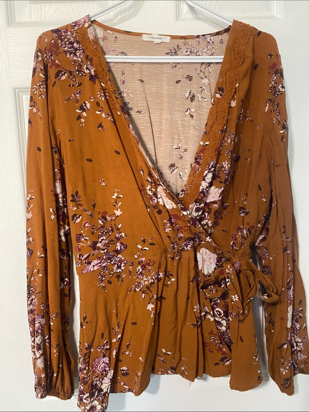 Maurices Mustard Floral Wrap Long Sleeve Dress